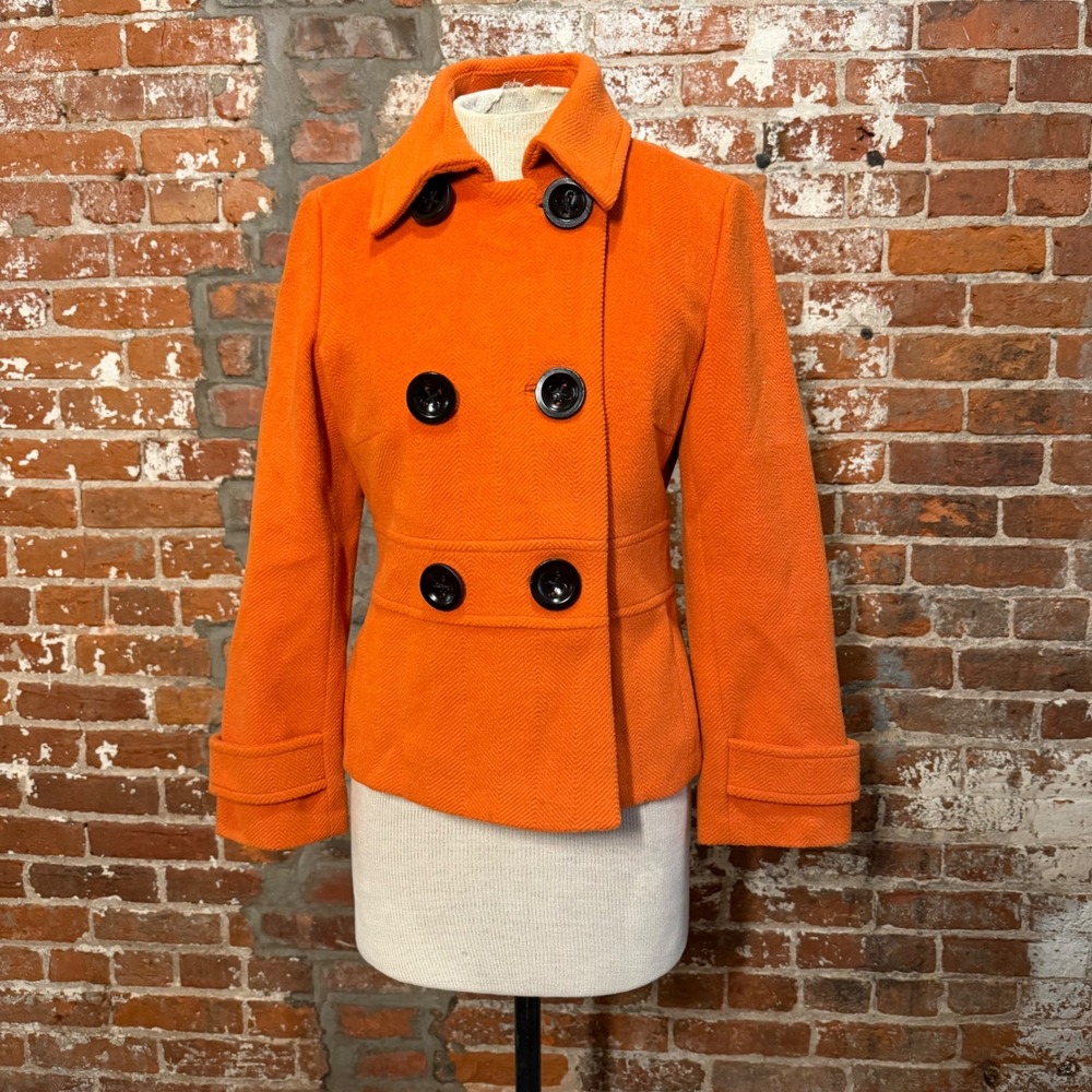 Orange Double Breasted Pea Coat Wool Blend Herringbone Jacket Fall Academia M 6